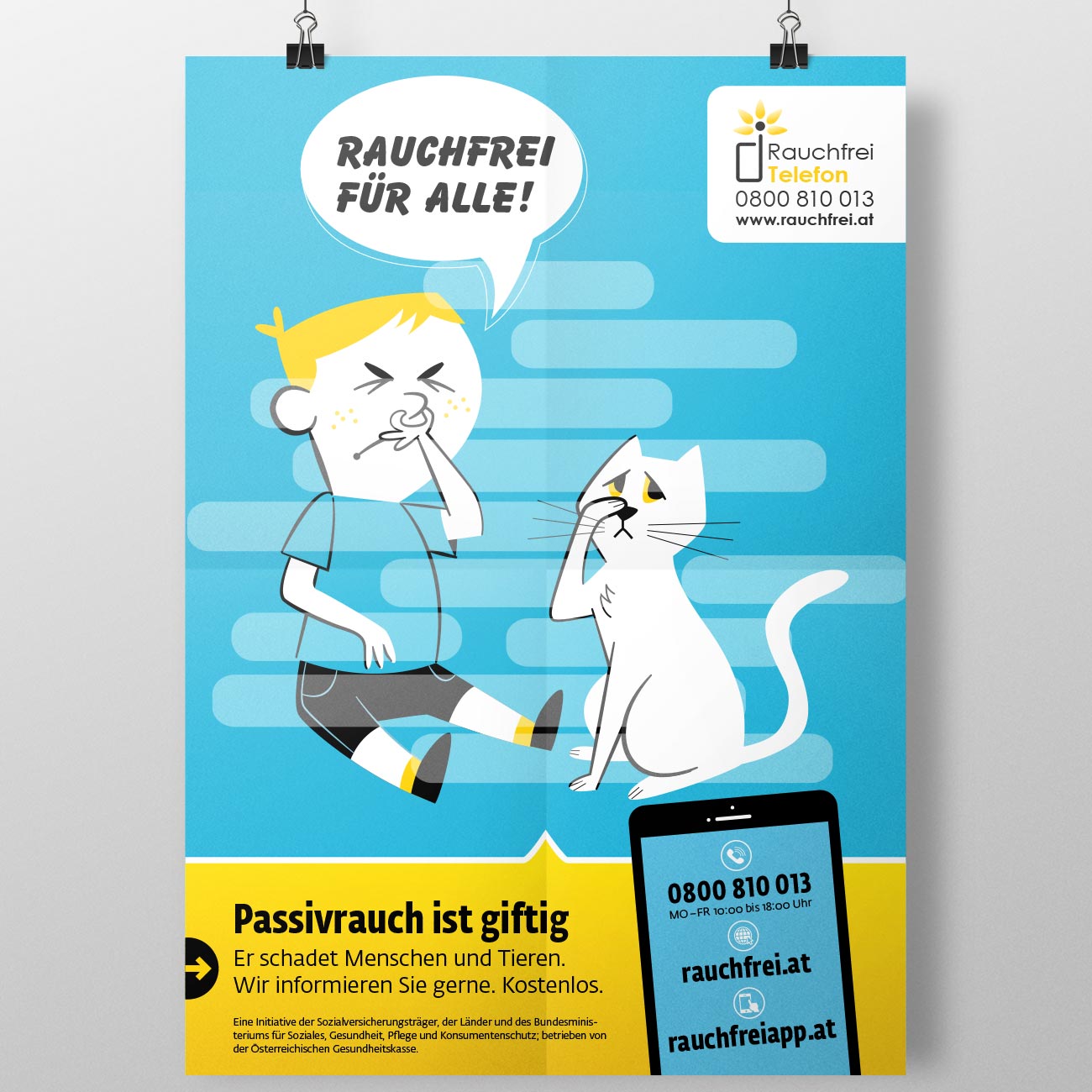 Corporate Design und Illustration für das Rauchfreitelefon der Österreichischen Gesundheitskasse von studio mishugge – Passivrauch