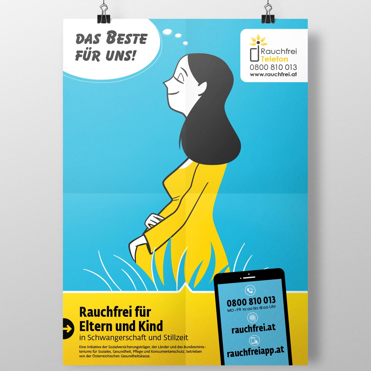 Corporate Design und Illustration für das Rauchfreitelefon der Österreichischen Gesundheitskasse von studio mishugge – Rauchfrei für Elter und Kind